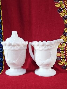 1910 Westmoreland White Milk Glass Peacock Motif Creamer and Sugar